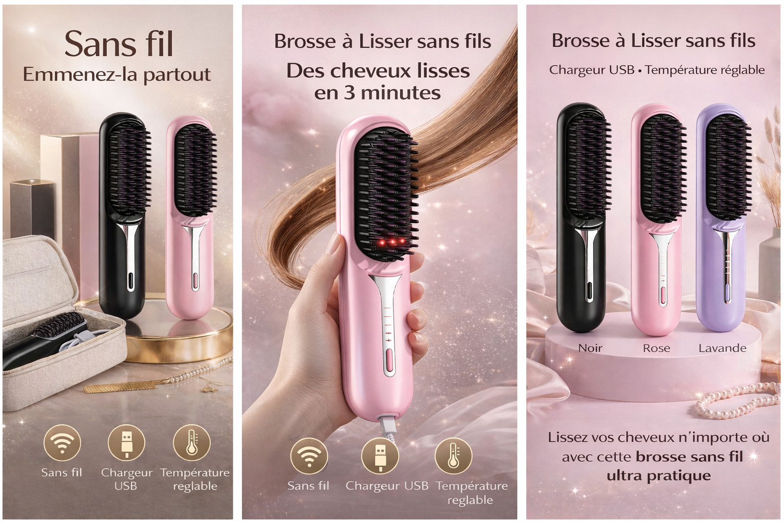 Lisseur de cheveux sans fil, pour la maison et les voyages, chargement USB, Ion négatif, fer à friser, température réglable