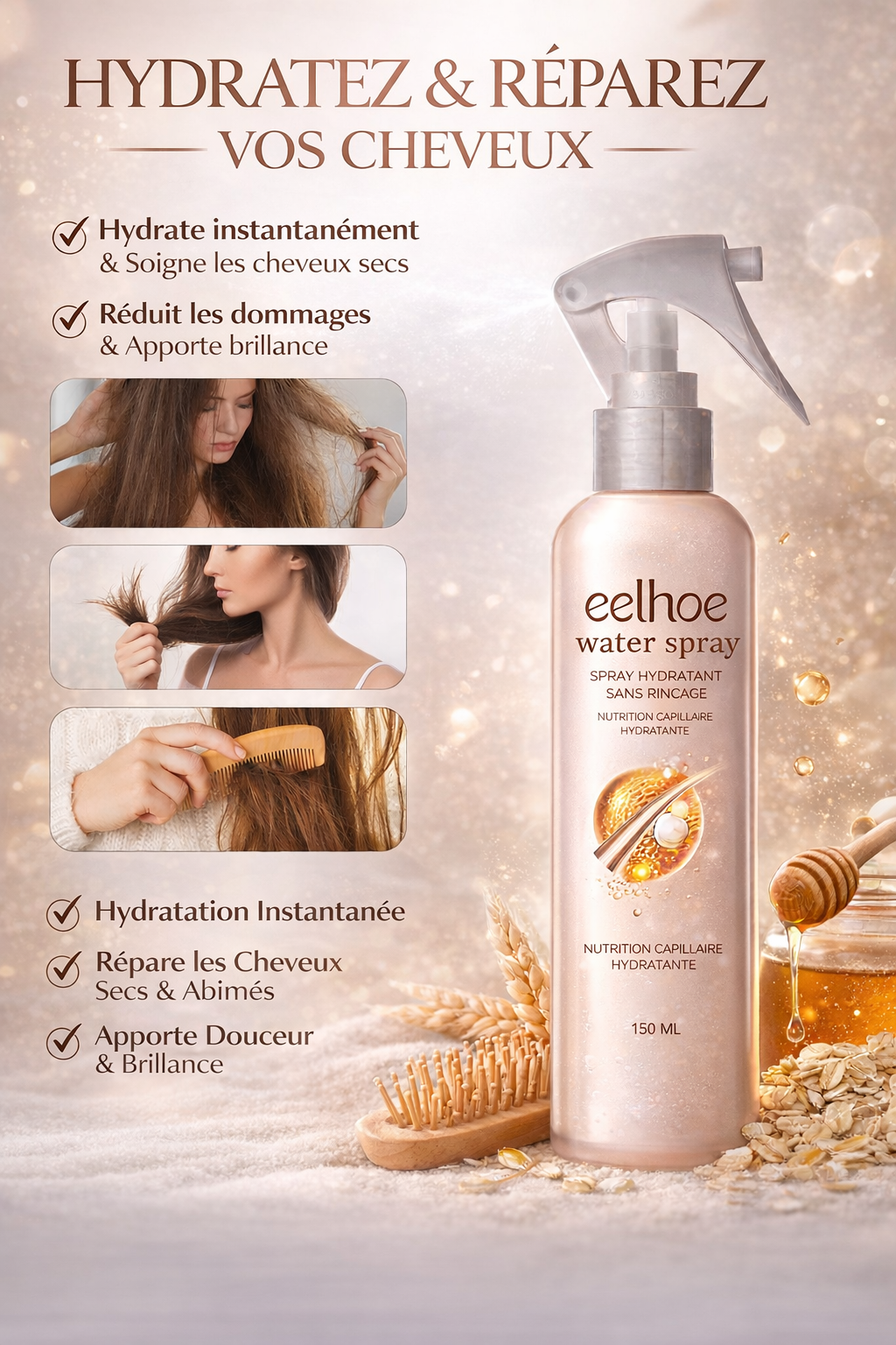 Spray réparateur capillaire EELHOE Essentiel Anti-frisottis Sérum lissant Soin du cuir chevelu Spray nourrissant 150 ml