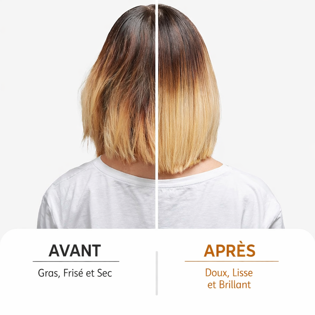 Ensemble shampoing et après-shampoing à l'huile d'argan PURC Maroc, enrichi en acides aminés et en kératine, pour un lissage et une réparation des cheveux abîmés, sans sulfates.