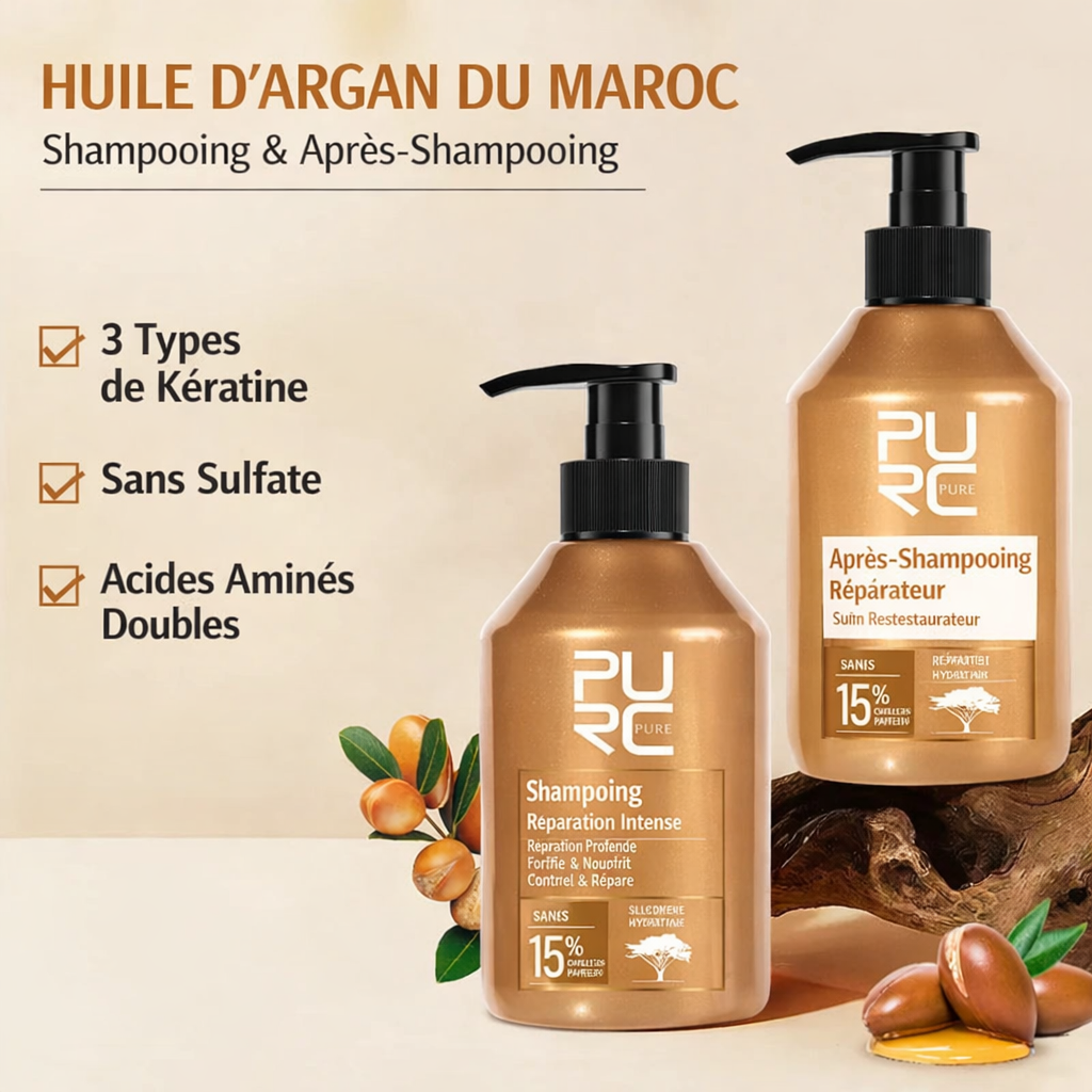 Ensemble shampoing et après-shampoing à l'huile d'argan PURC Maroc, enrichi en acides aminés et en kératine, pour un lissage et une réparation des cheveux abîmés, sans sulfates.