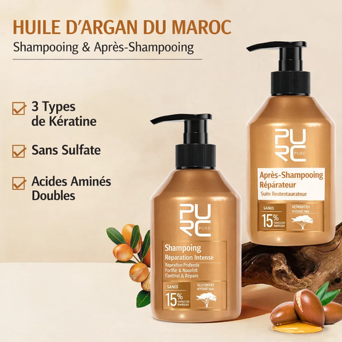 Ensemble shampoing et après-shampoing à l'huile d'argan PURC Maroc, enrichi en acides aminés et en kératine, pour un lissage et une réparation des cheveux abîmés, sans sulfates.