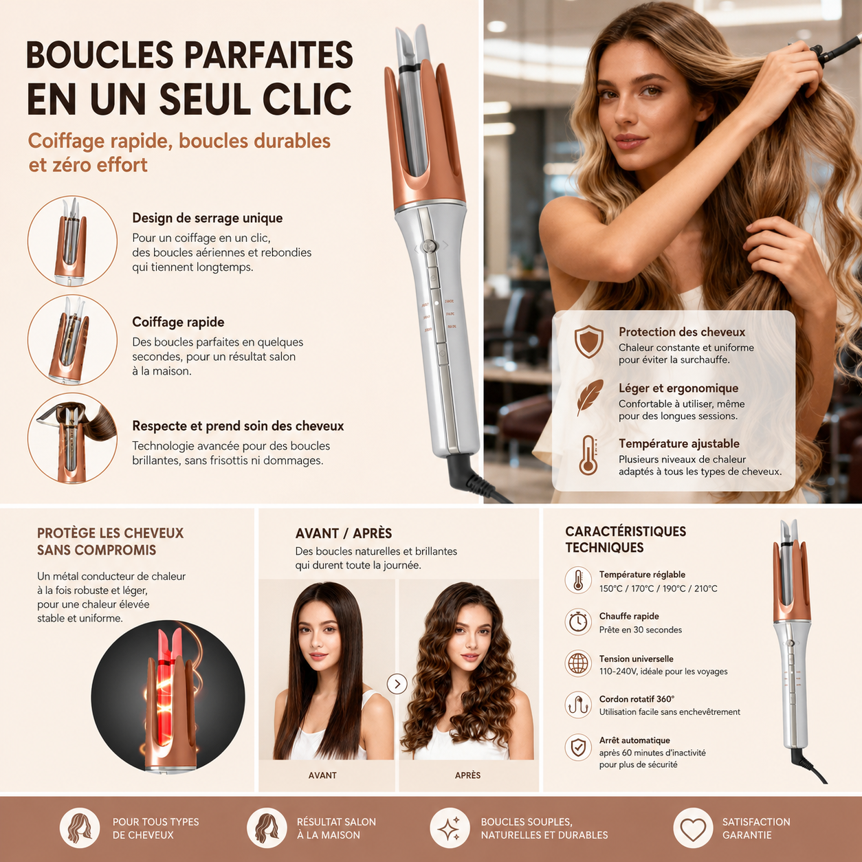 Boucleur Rotatif Automatique Céramique – Ions Négatifs & Grandes Boucles
