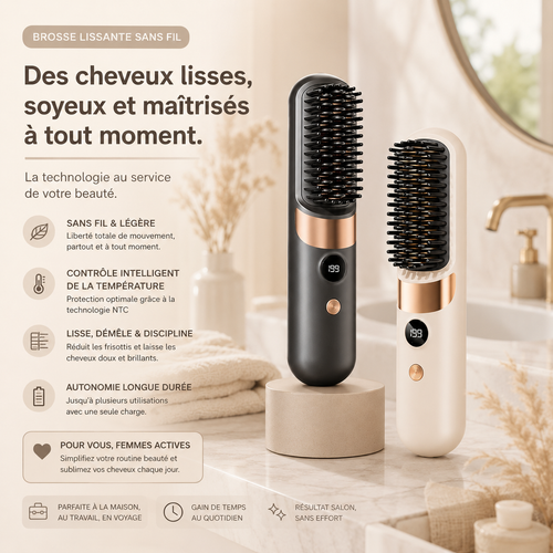 Brosse Lisseur Sans Fil Portable – Affichage LED & Voyage