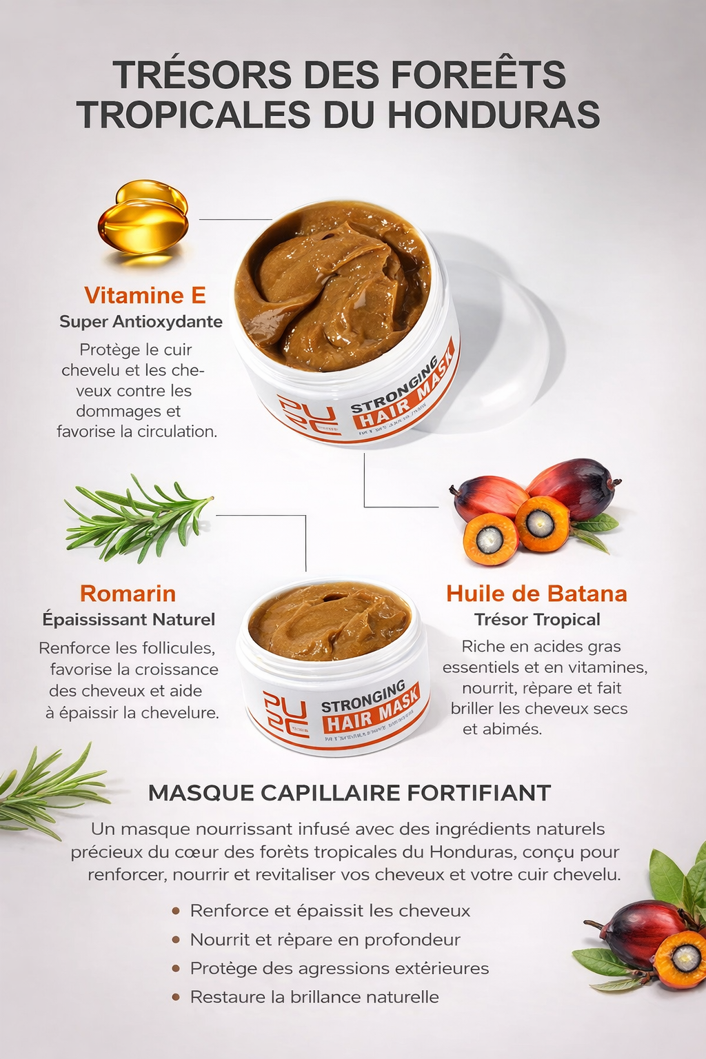 Masque capillaire PURC à l'huile de Batana : lissage, réparation, anti-frisottis, soin nourrissant et brillant pour cheveux abîmés.