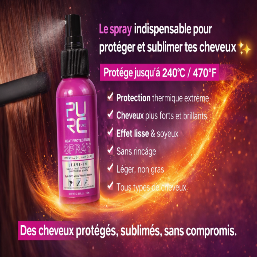 Spray protecteur de chaleur à l'huile d'argan PURC - Soin lissant et anti-frisottis pour cheveux secs - Produit de soin capillaire professionnel