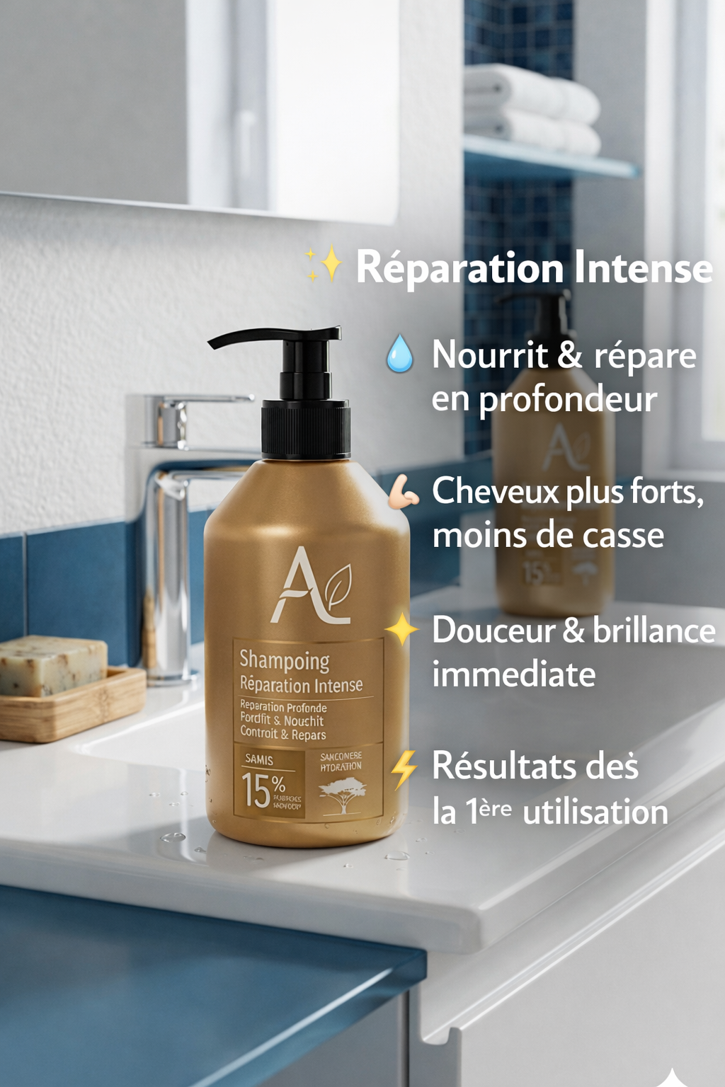 Ensemble shampoing et après-shampoing à l'huile d'argan PURC Maroc, enrichi en acides aminés et en kératine, pour un lissage et une réparation des cheveux abîmés, sans sulfates.