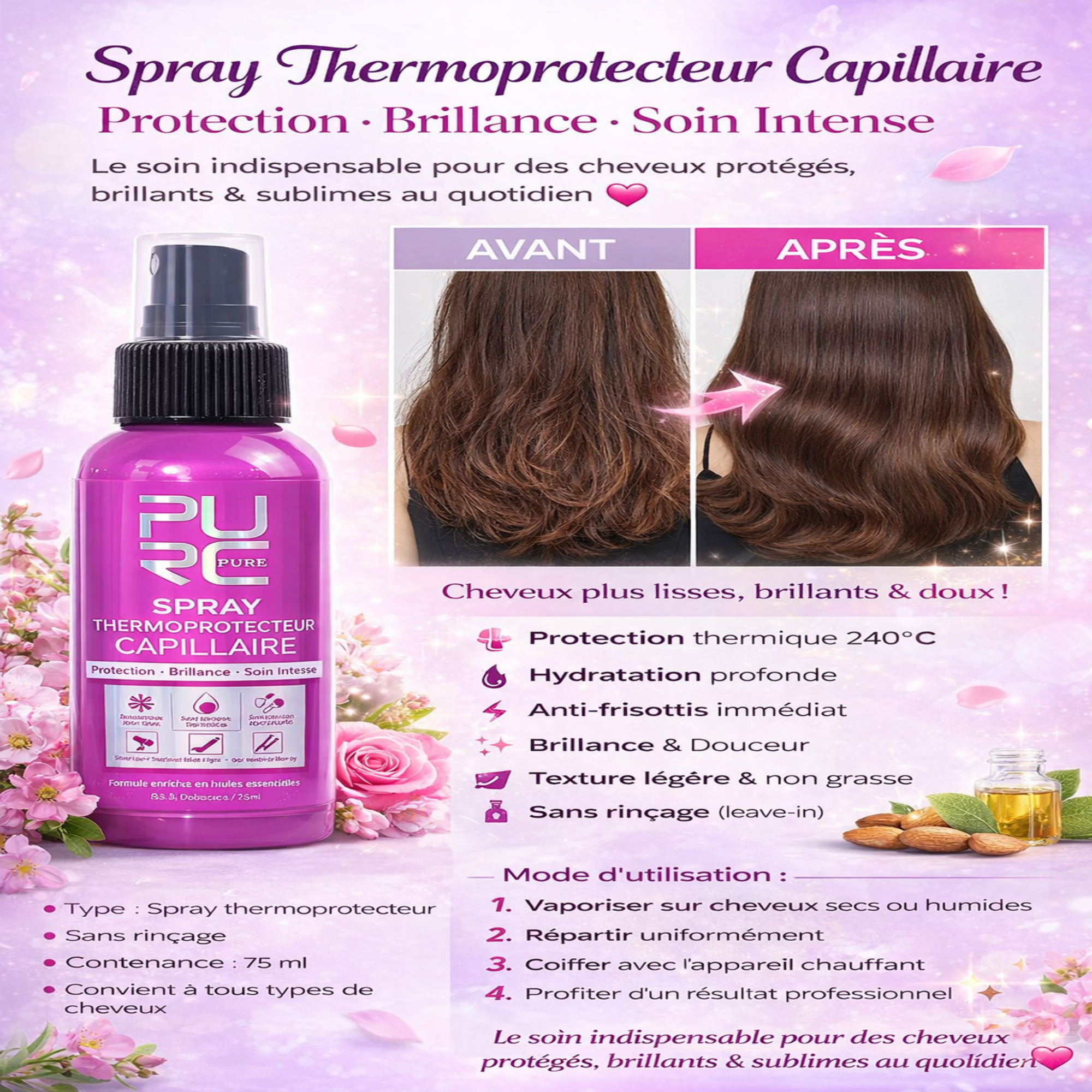 Spray protecteur de chaleur à l'huile d'argan PURC - Soin lissant et anti-frisottis pour cheveux secs - Produit de soin capillaire professionnel